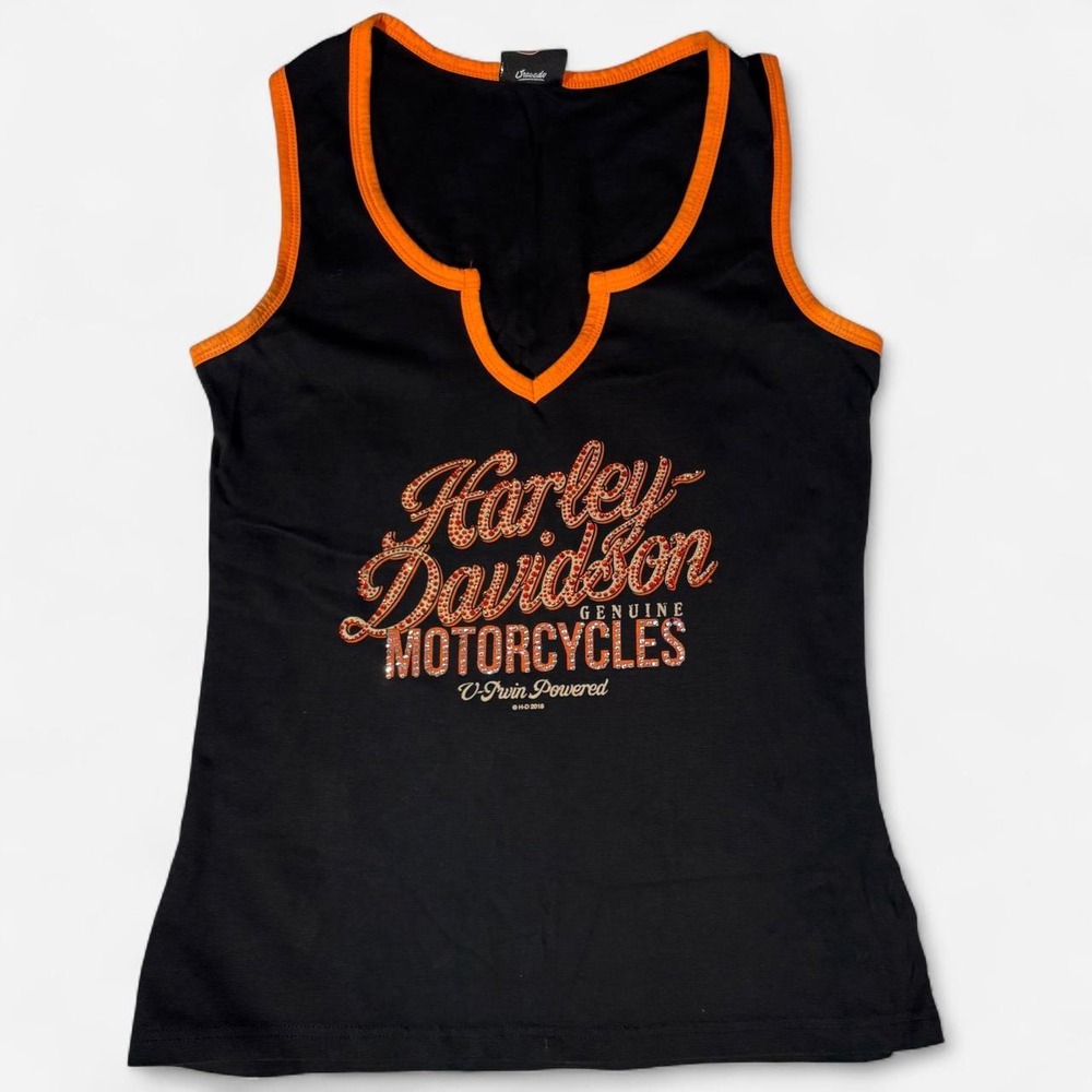 Harley Davidson Women's Medium Black Tank Top Orange Trim and Rhinestones